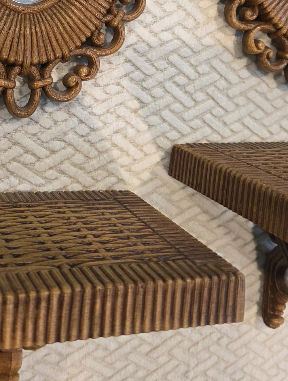 Pair Vintage 70s Faux Wood Wicker Decorative Wall Shelves.